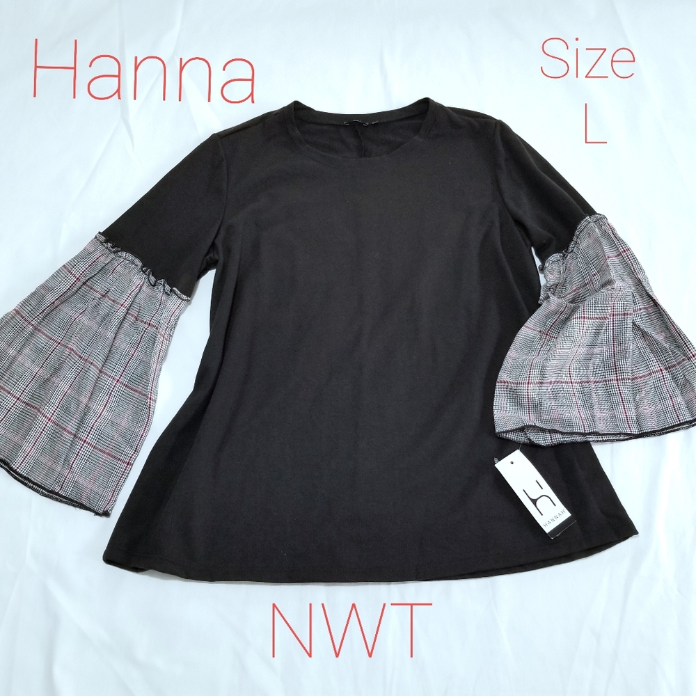 NWT Hannah Women's Black Plait Sleeve Bell Top & Sweatshirt